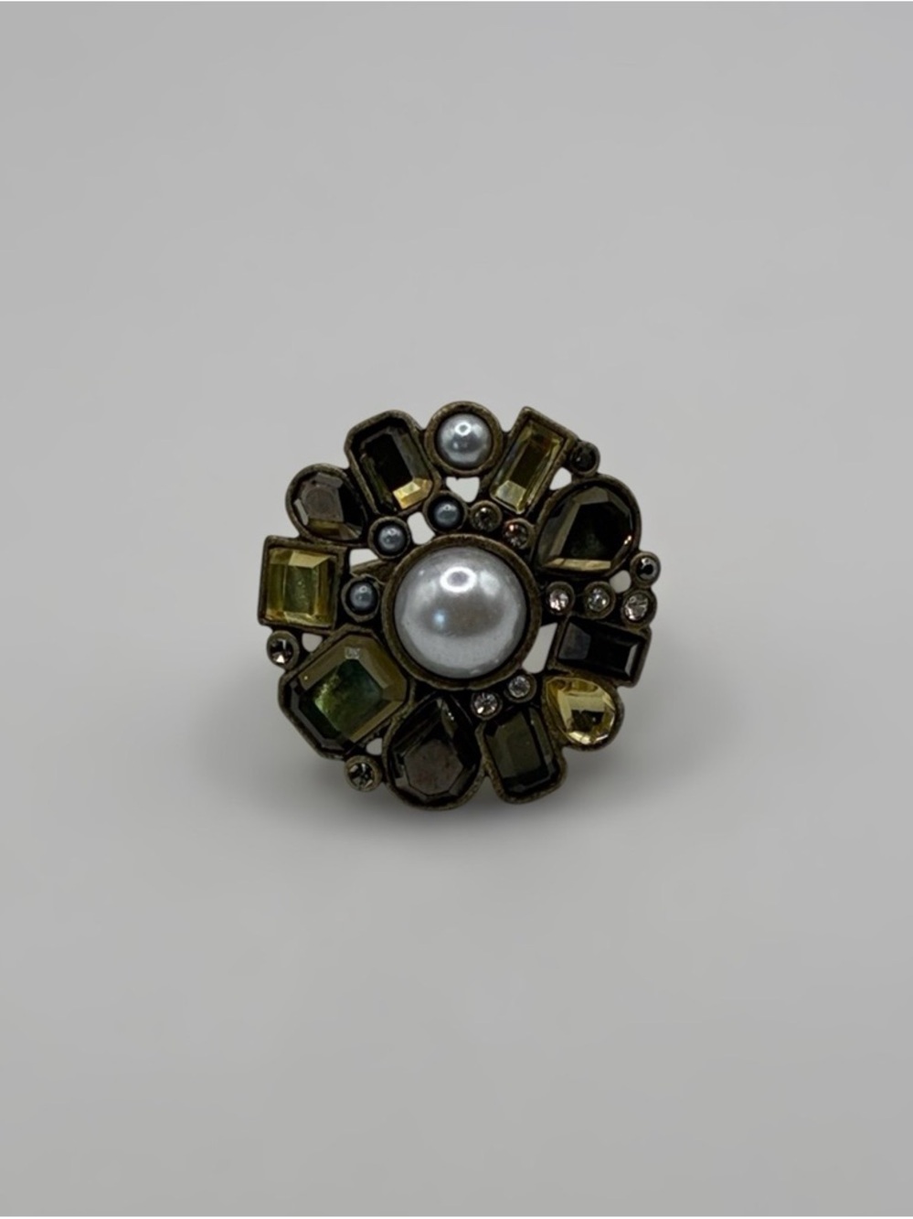Lia Sophia Crystal & Faux Pearl Cluster Statement Ring Size 7.75